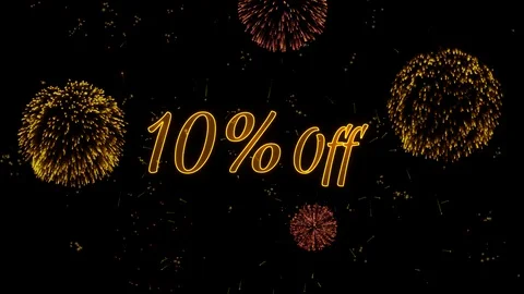 10 Off Greeting text with particles, colored fireworks, sparks and stars Stock Footage 99062956