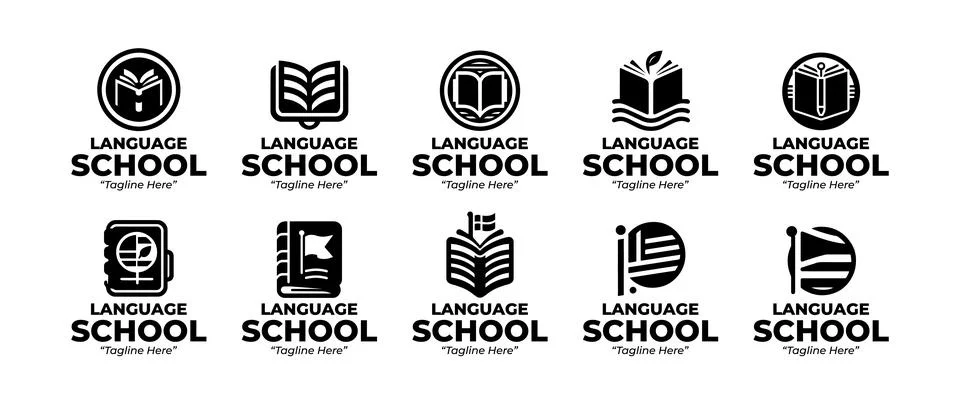 10 Language School Logo Set Modern Minimalist Education Brand Design Black .. Stock Illustration