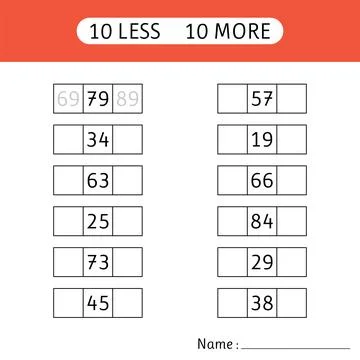 10 less, 10 more. Fill in the missing numbers. Worksheets for kids. Mathema.. Stock Illustration