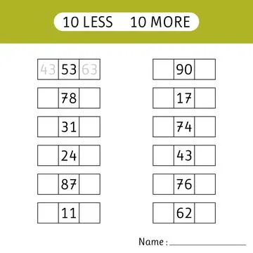 10 less, 10 more. Fill in the missing numbers.  Mathematical exercises. Wor.. Stock Illustration