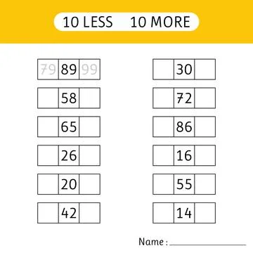 10 less, 10 more. Fill in the missing numbers.  Mathematical exercises. Mat.. Stock Illustration