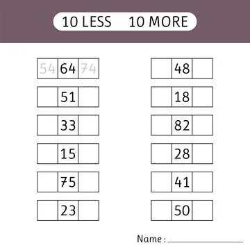 10 less, 10 more. Fill in the missing numbers. Mathematics. Worksheets for .. Stock Illustration
