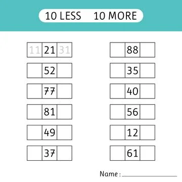 10 less, 10 more. Fill in the missing numbers. Worksheets for kids. Mathemati Stock Illustration