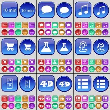 10 minutes, Chat bubble, Note, Shopping cart, Flask, Pound, Archive, 4D, List. A Stock Illustration