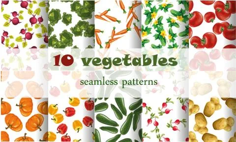 10 mixed vegetables seamless patterns set tomato, carrot, potato, pumkin Stockillustratie
