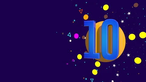 10 number on an orange circle spewing stars, circles, triangles against dark pur Stock Footage 241838043
