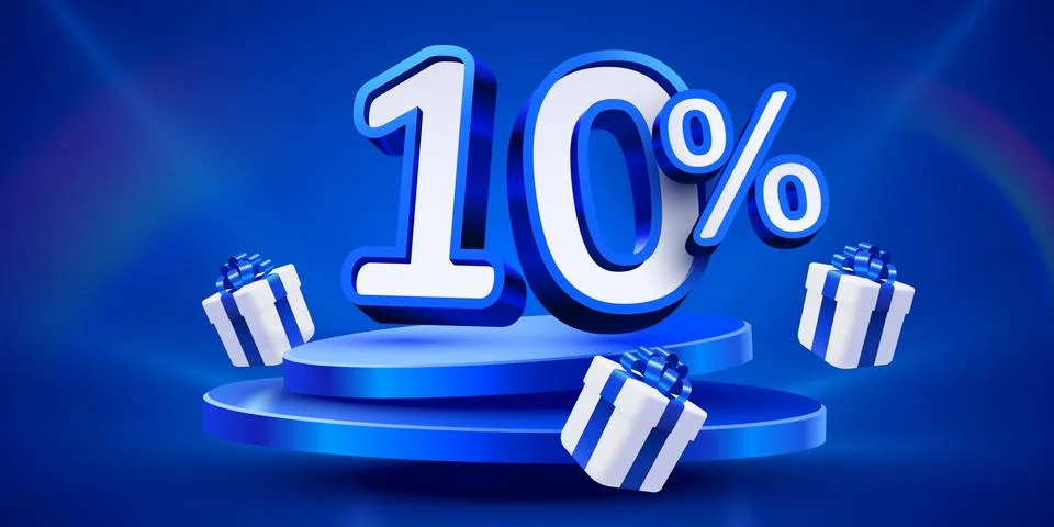 10 percent Off. Discount creative composition, mock up with podium and present Stock Illustration