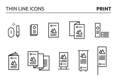 10 print element icons designed in thin line style, can be used for web, pr.. Illustrazione stock
