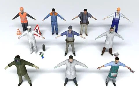 10 professions low poly characters 3D Model