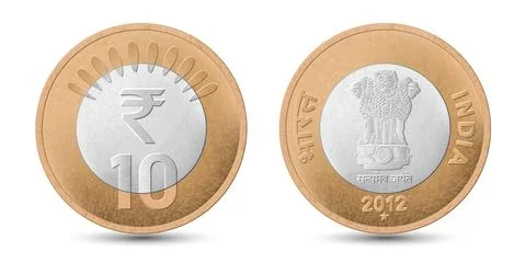 10 Rupee coin of India, back and front side isolated on white background. Stock Illustration