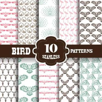 10 seamless patterns with birds, for invitations, cards, scrapbooking, print Stock Illustration