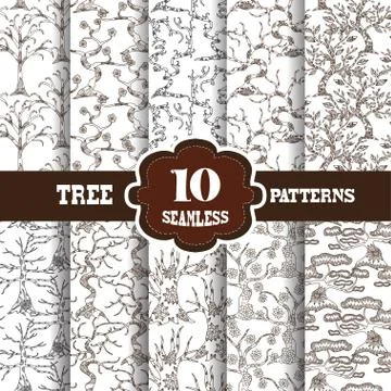 10 seamless patterns with decorative trees, for invitations, cards, scrapbooking Illustrazione stock