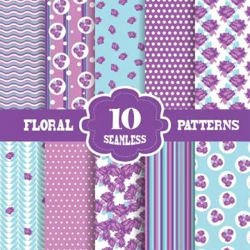 10 seamless patterns with roses, dot for invitations, cards, scrapbooking, print Stock Illustration