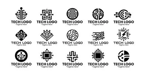 10 Tech Logo Set Modern Minimalist Technology Brand Design Black and White Stock Illustration