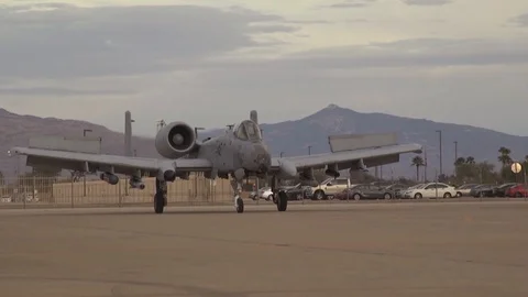 A-10 Thunderbolt Warthog approaching hangar Stock Footage 111848824