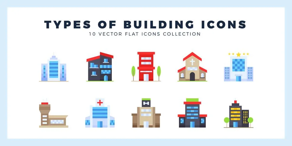 10 Types of Building Flat icon pack. vector illustration. Ilustración de archivo