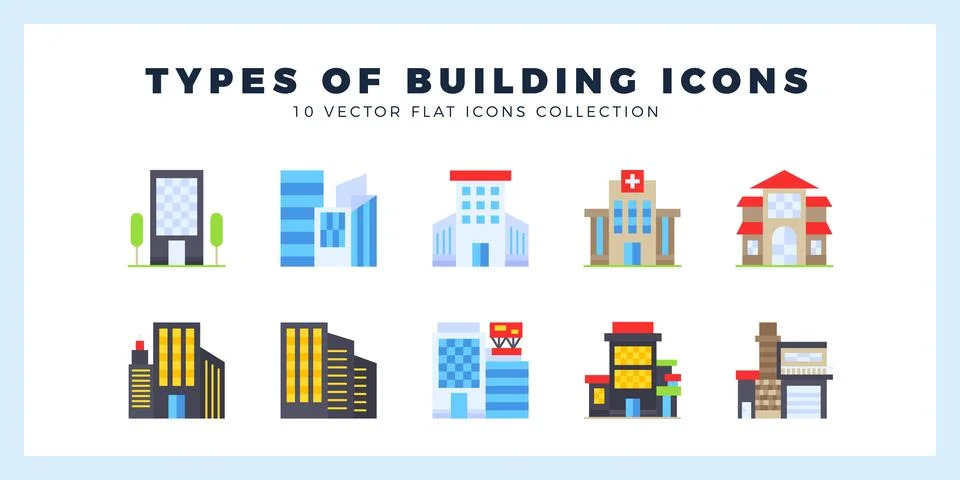 10 Types of Building Flat icon pack. vector illustration. Ilustración de archivo