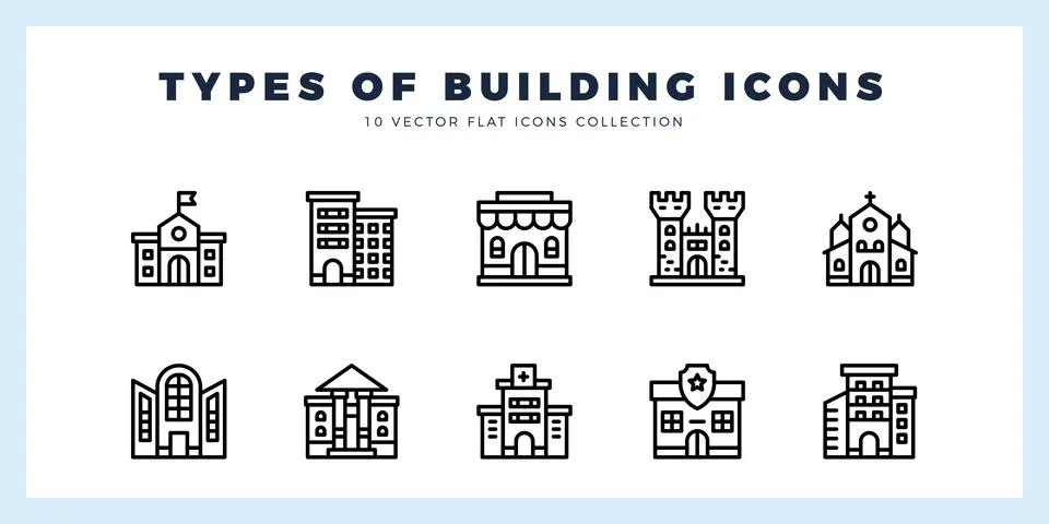 10 Types Of Building Lineal icons pack. vector illustration. Ilustración de archivo