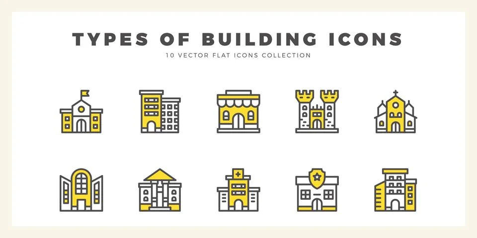 10 Types Of Building Two Color icons pack. vector illustration. Ilustración de archivo
