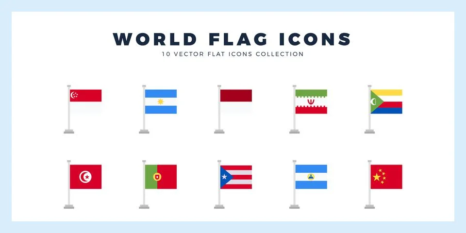 10 World Flags Pole. icons Pack. vector illustration. 스톡 일러스트