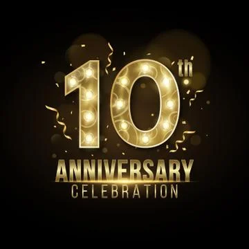 10 Years Anniversary cover crafted from elegant golden numbers with chic lamp 库存插图