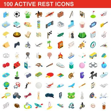 100 active rest icons set, isometric 3d style Stock Illustration