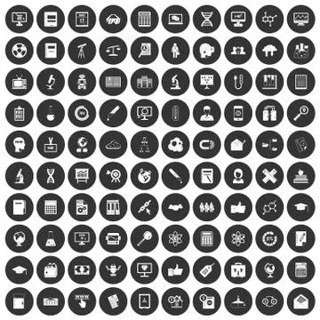 100 analytics icons set black circle Stock Illustration