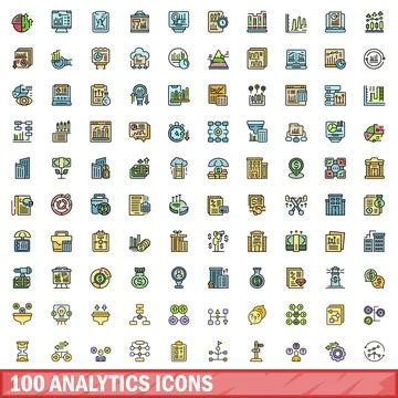 100 analytics icons set, color line style Stock Illustration