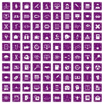 100 analytics icons set grunge purple Stock Illustration
