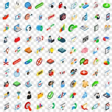100 analytics icons set, isometric 3d style Stock Illustration