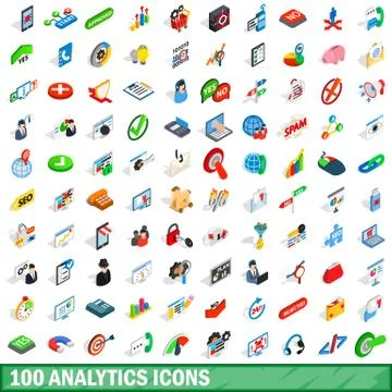 100 analytics icons set, isometric 3d style Stock Illustration