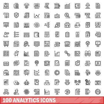 100 analytics icons set, outline style 스톡 일러스트