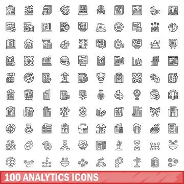 100 analytics icons set, outline style Stock Illustration