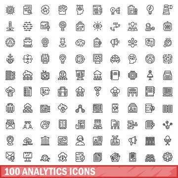 100 analytics icons set, outline style Stock Illustration