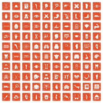 100 anatomy icons set grunge orange 스톡 일러스트