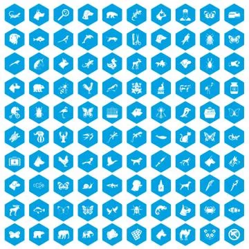 100 animals icons set blue Illustrazione stock