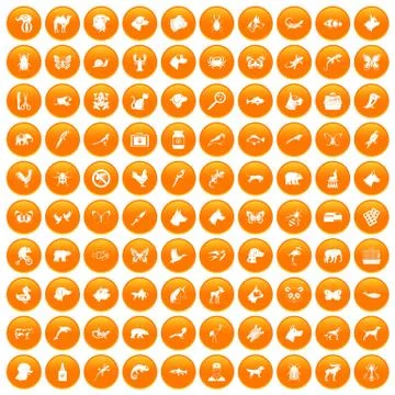 100 animals icons set orange Illustrazione stock
