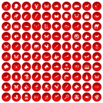 100 animals icons set red Stock Illustration