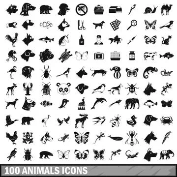 100 animals icons set in simple style Stock Illustration