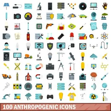 100 anthropogenic icons set, flat style イラスト素材