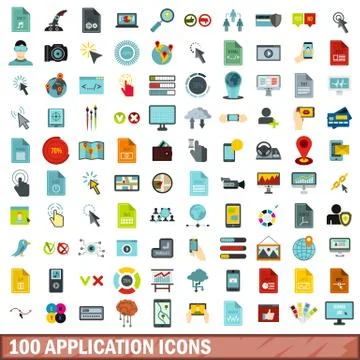 100 application icons set, flat style Stock Illustration