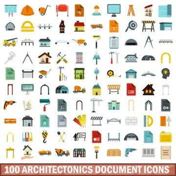 100 architectonics document icons set, flat style Stock Illustration