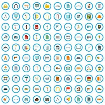 100 architectonics document icons set, flat style Stock Illustration