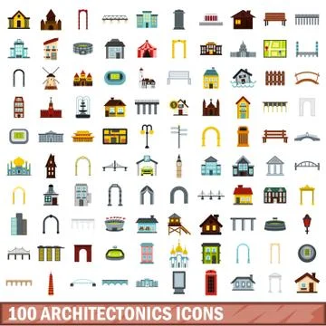 100 architectonics icons set, flat style Stock Illustration