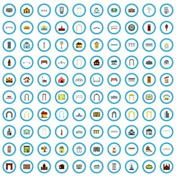 100 architectonics icons set, flat style Stock Illustration
