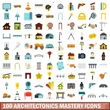 100 architectonics mastery icons set, flat style Stock Illustration