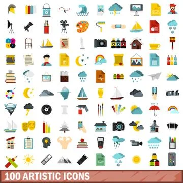 100 artistic icons set, flat style Stock Illustration