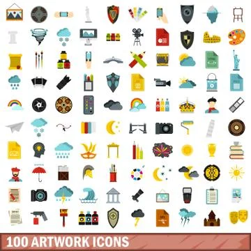 100 artwork icons set, flat style Stock Illustration