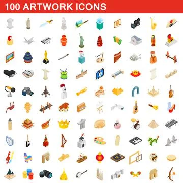 100 artwork icons set, isometric 3d style Ilustração Stock
