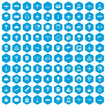 100 aviation icons set blue Stock Illustration